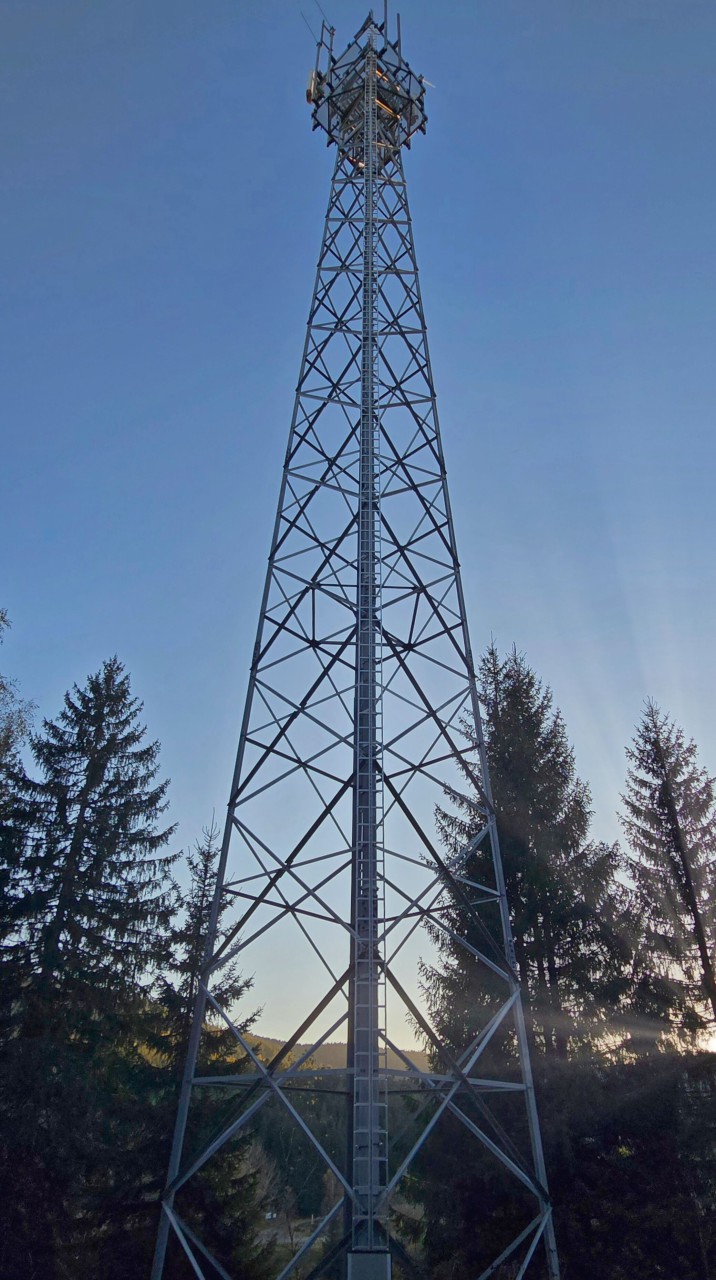 Das Foto zeigt einen hohen Mobilfunkmast mitten im Wand bei Abendlicht. Aufgenommen im November 2024 in Herrenwies.